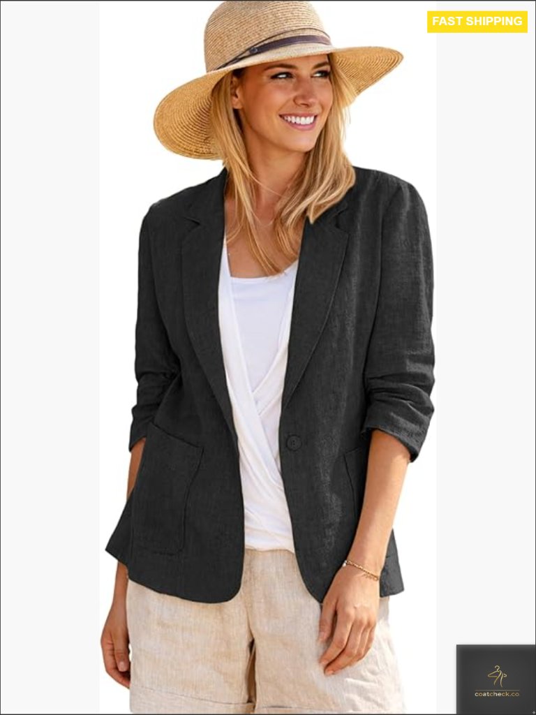 Linen Blend Blazer Jacket 3/4 Ruched Sleeve Casual Business Work Office Notch